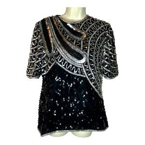 Holiday Party VTG  Laurence Kazar Women’s Silk Sequined 80’s Black  Silver Top